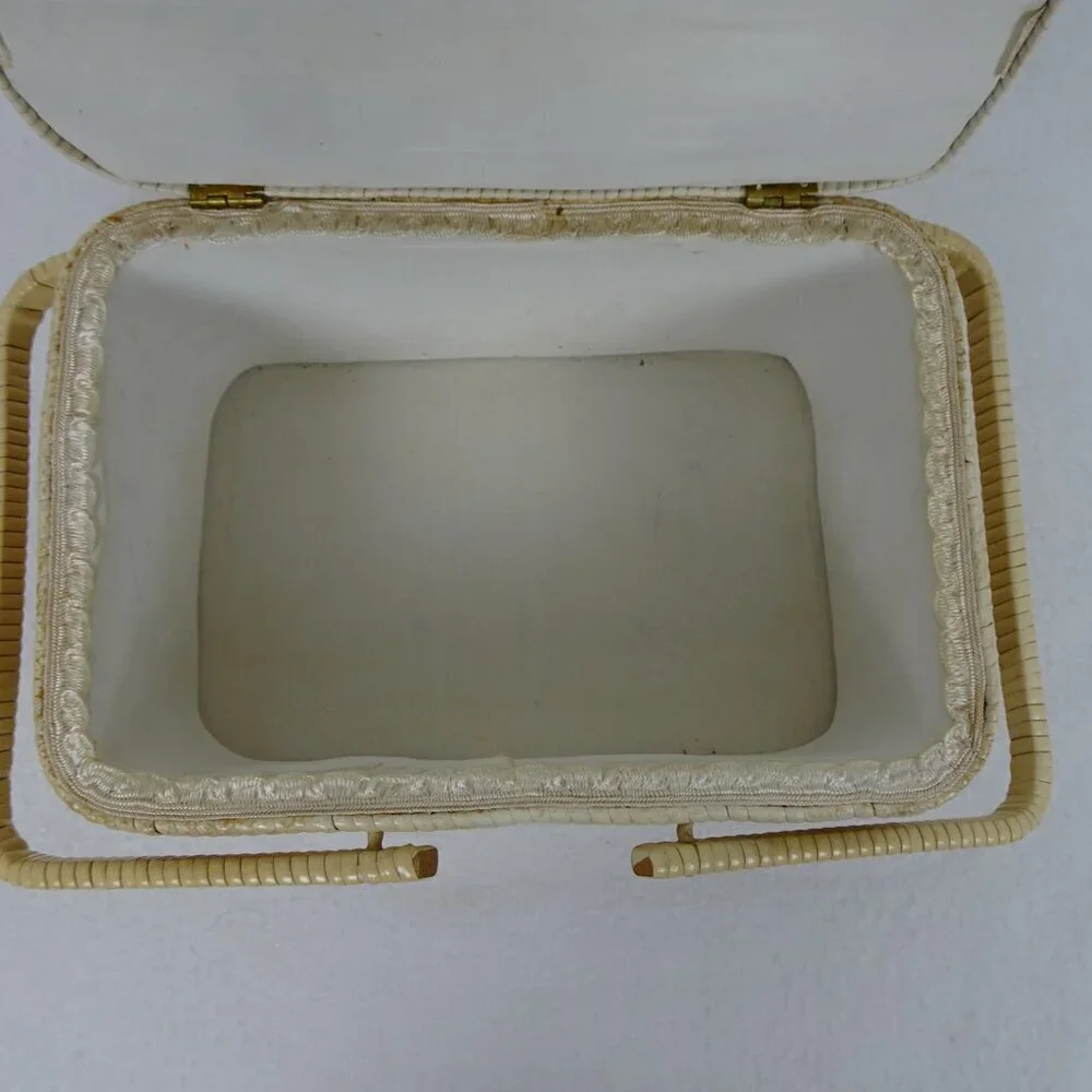 Vintage Wicker Woven Sewing Box Basket Beige Tan Ratan Lined